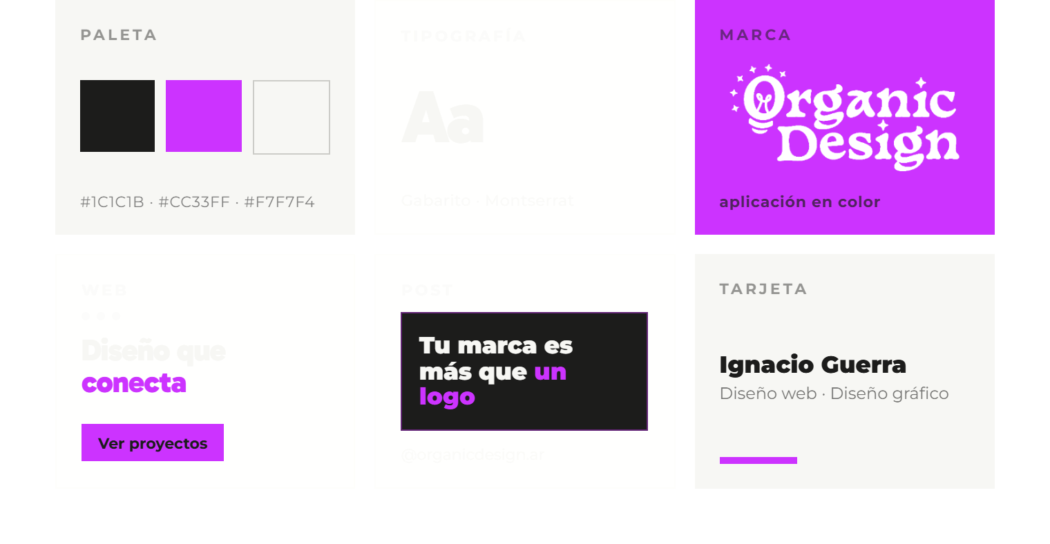 Sistema de identidad de marca: paleta, tipografía, marca, web, post y tarjeta con un solo idioma visual