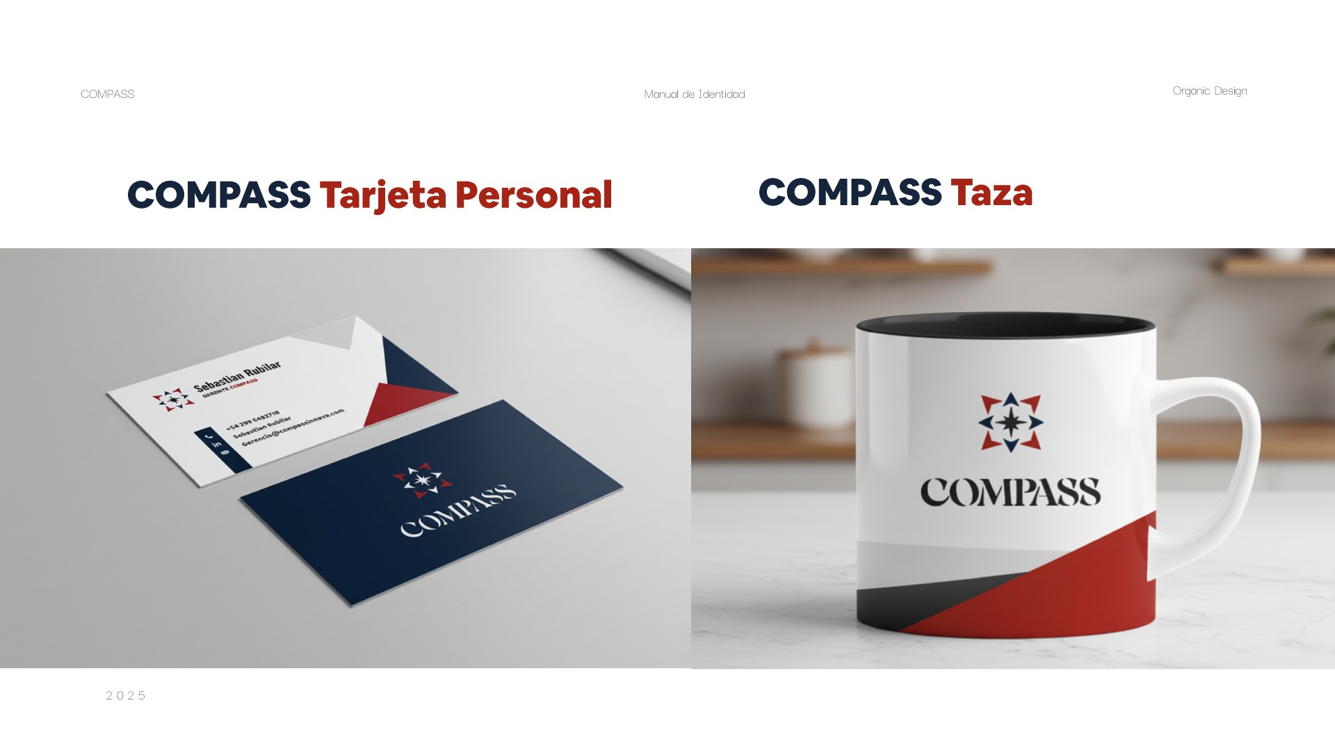 Tarjeta personal y taza corporativa de COMPASS