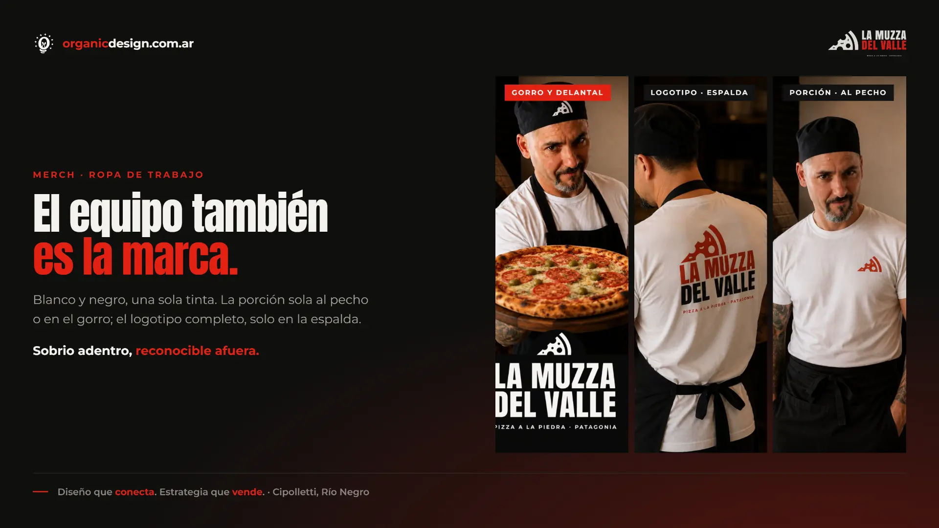 Indumentaria de trabajo de La Muzza del Valle: gorro, delantal y remeras