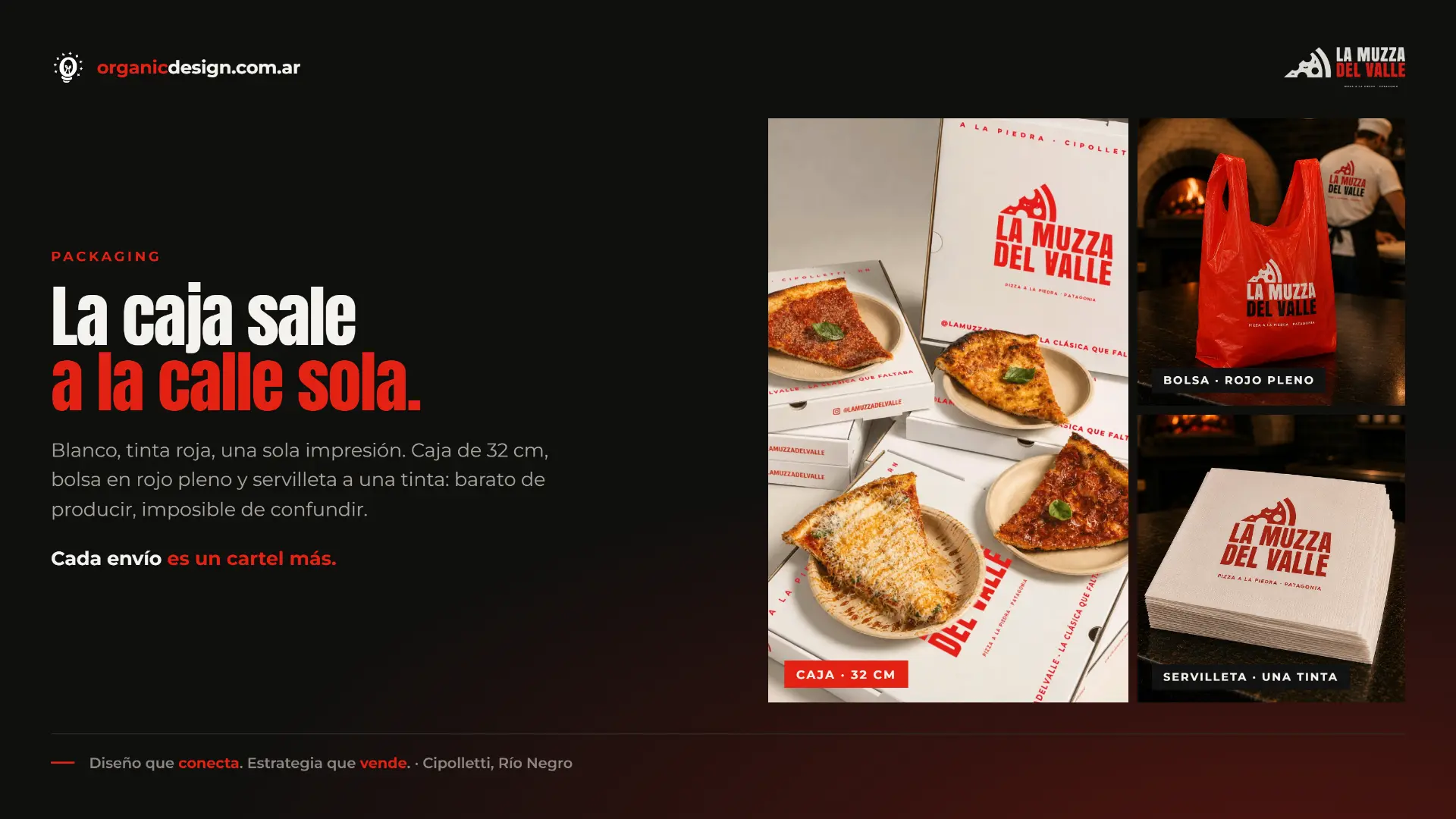 Packaging de La Muzza del Valle: caja de pizza, bolsa y servilletas
