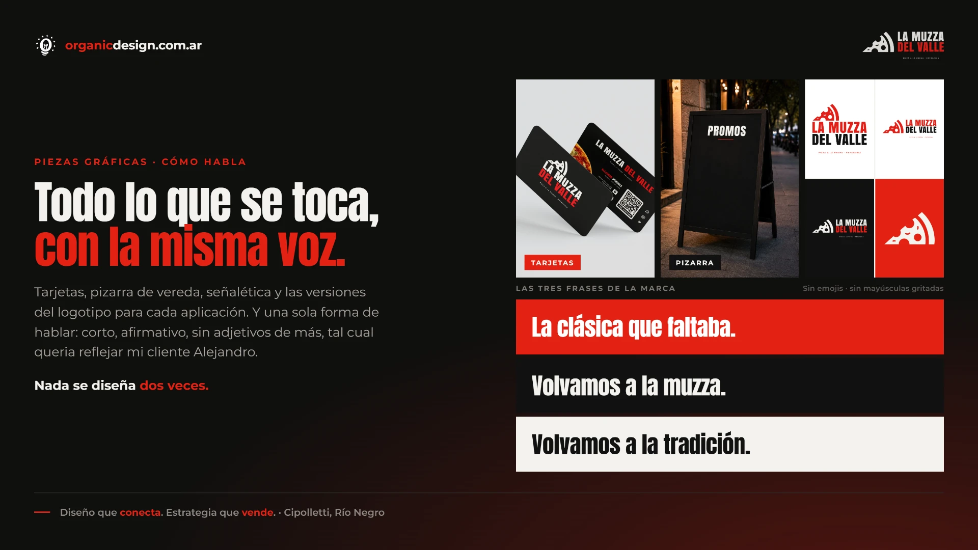 Piezas graficas de La Muzza del Valle: tarjetas personales, pizarra de vereda y versiones del logotipo