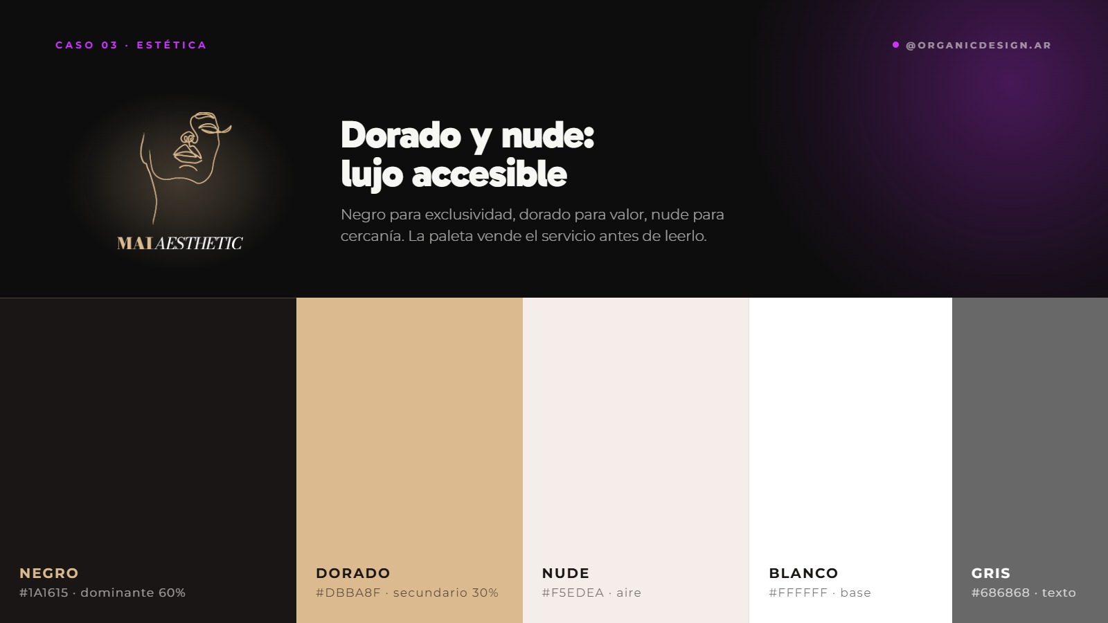Paleta de colores de Mai Aesthetic: negro, dorado, nude, blanco y gris
