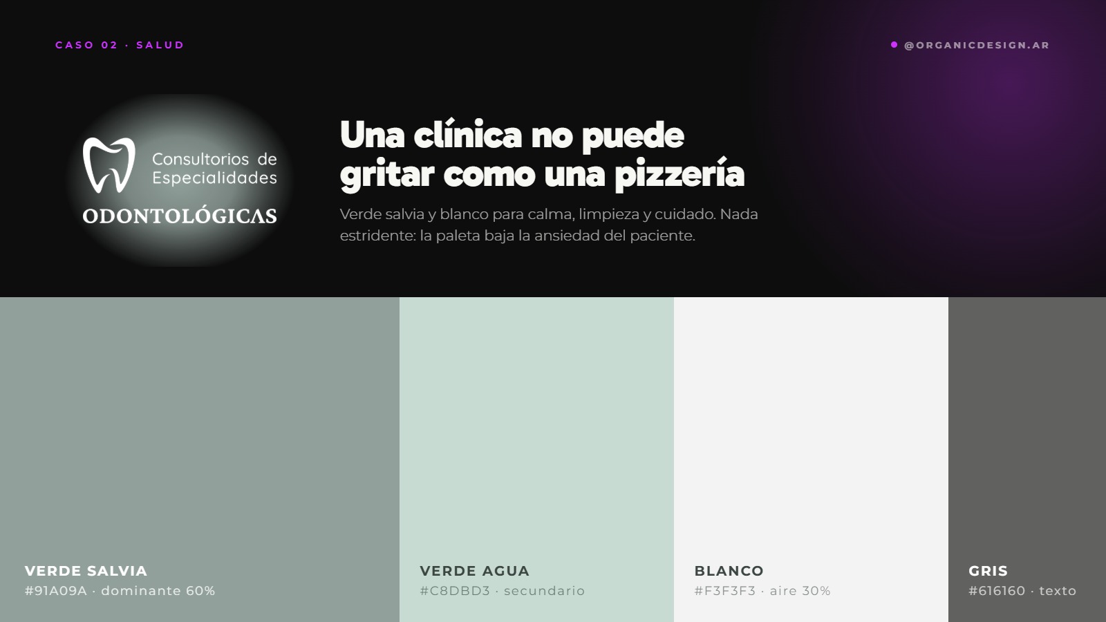Paleta de colores de Consultorios Odontológicos: verde salvia, verde agua, blanco y gris