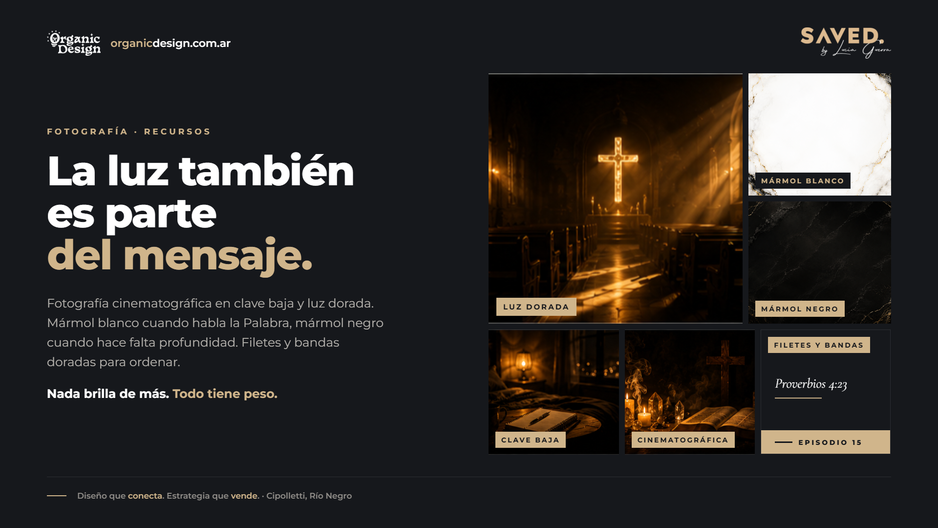 Fotografía cinematográfica y recursos de SAVED: luz dorada, mármol blanco y mármol negro