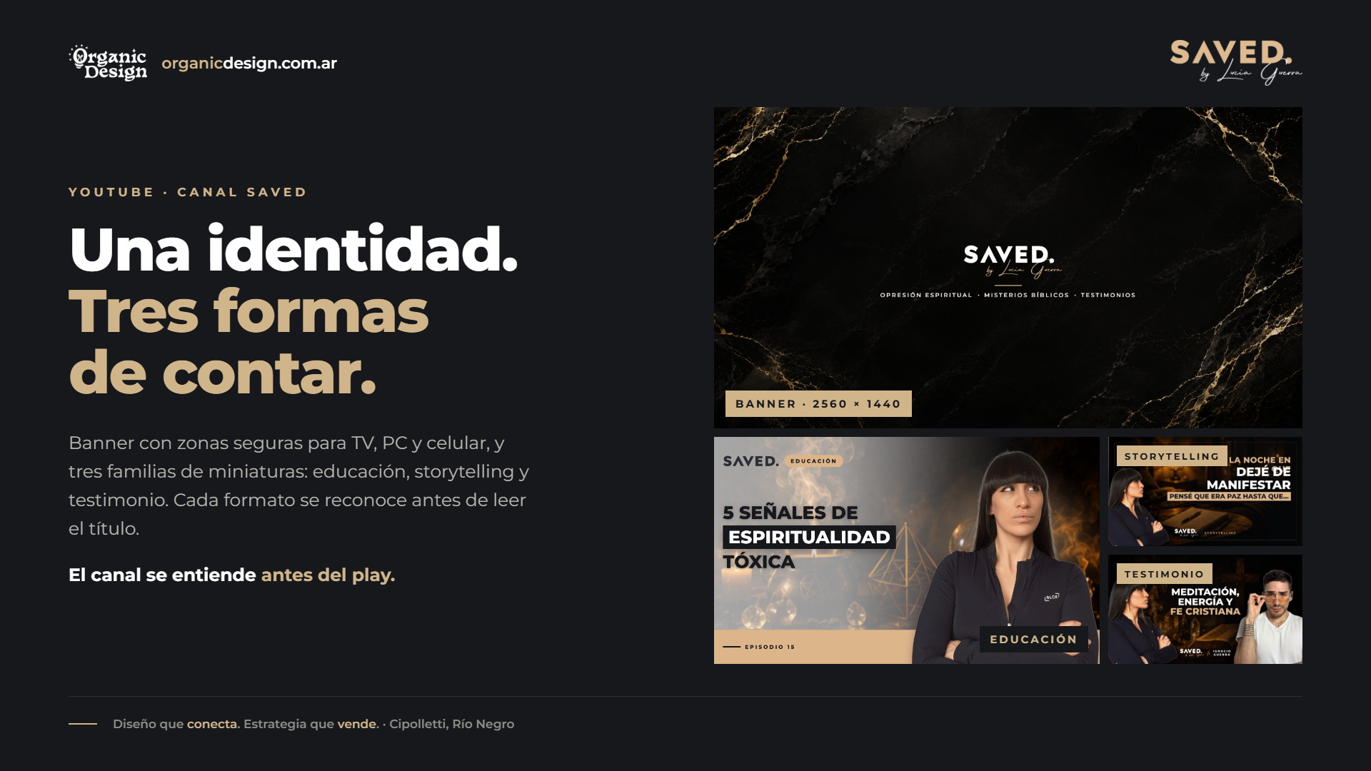 Identidad de SAVED en YouTube: banner y miniaturas de educación, storytelling y testimonio