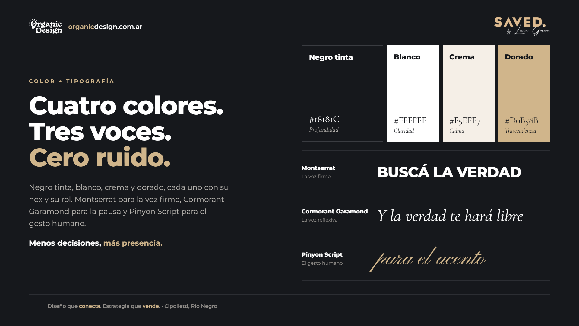 Paleta de SAVED: negro, blanco, crema y dorado, con tipografías Montserrat, Pinyon Script y Cormorant Garamond